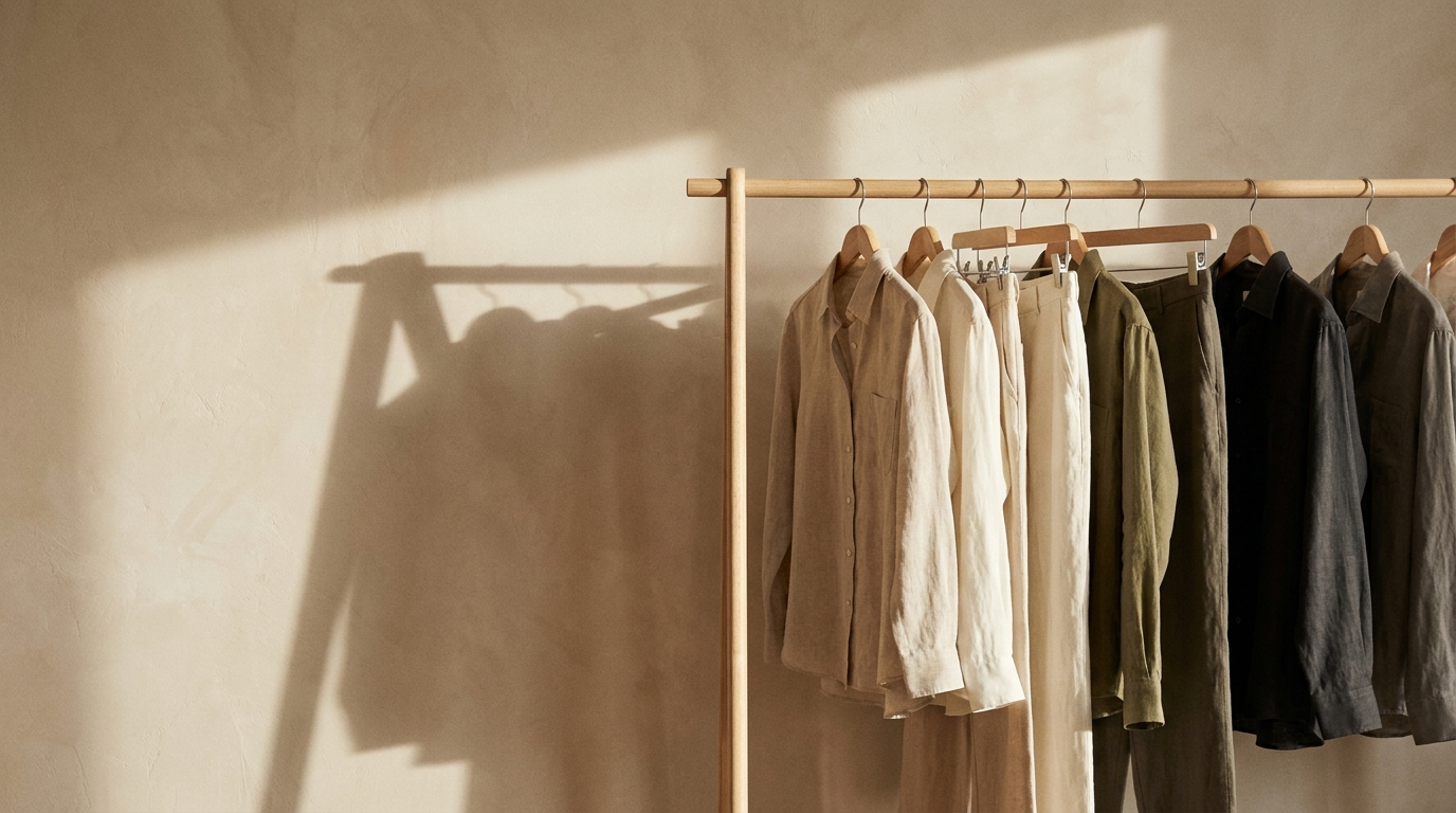 Portant de chemises et pantalons en lin dans des tons naturels