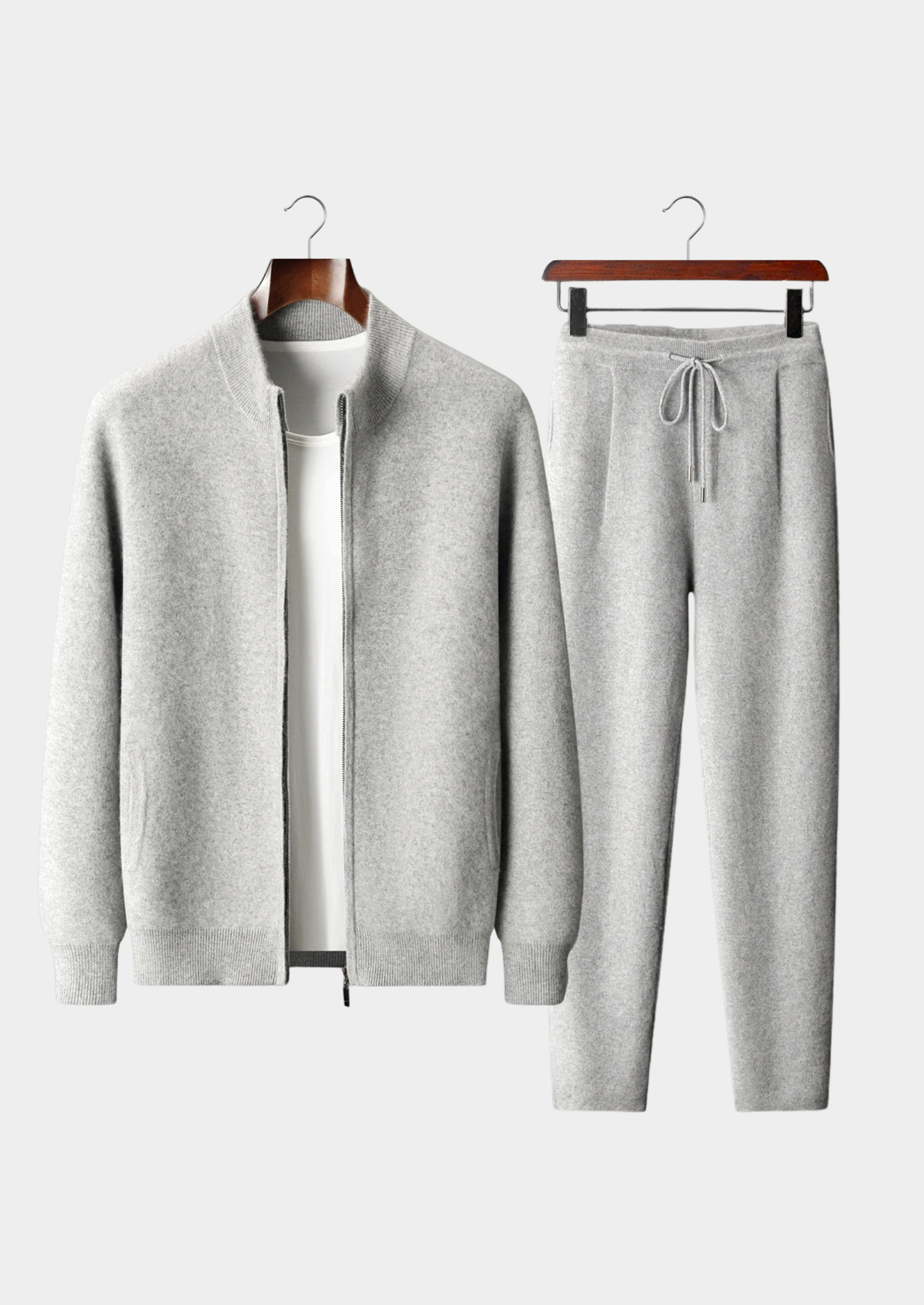 Ensemble ATALEYA Denis, cardigan zippé en cachemire gris clair et pantalon