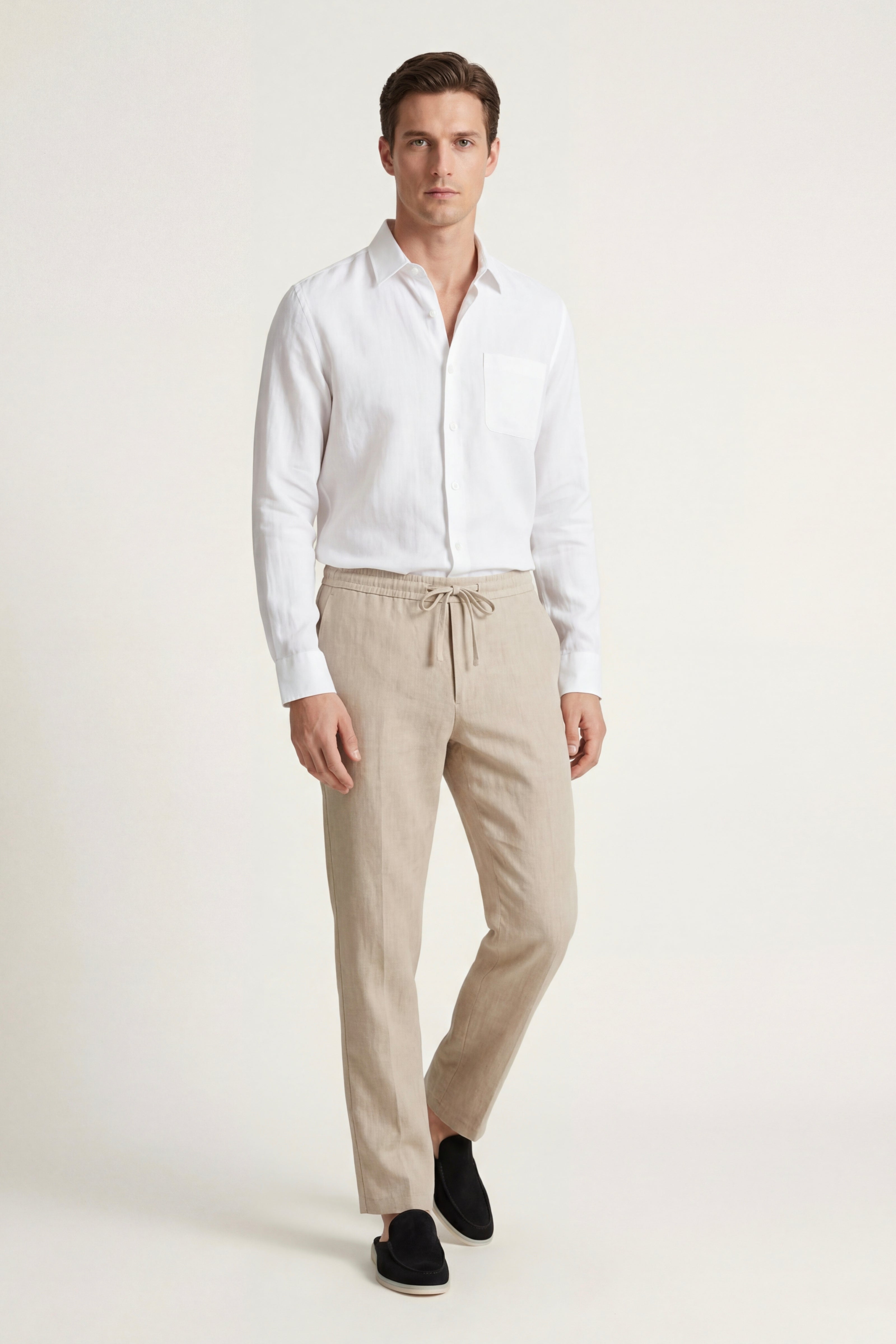 Ensemble ATALEYA Pisa en lin, chemise blanche et pantalon beige