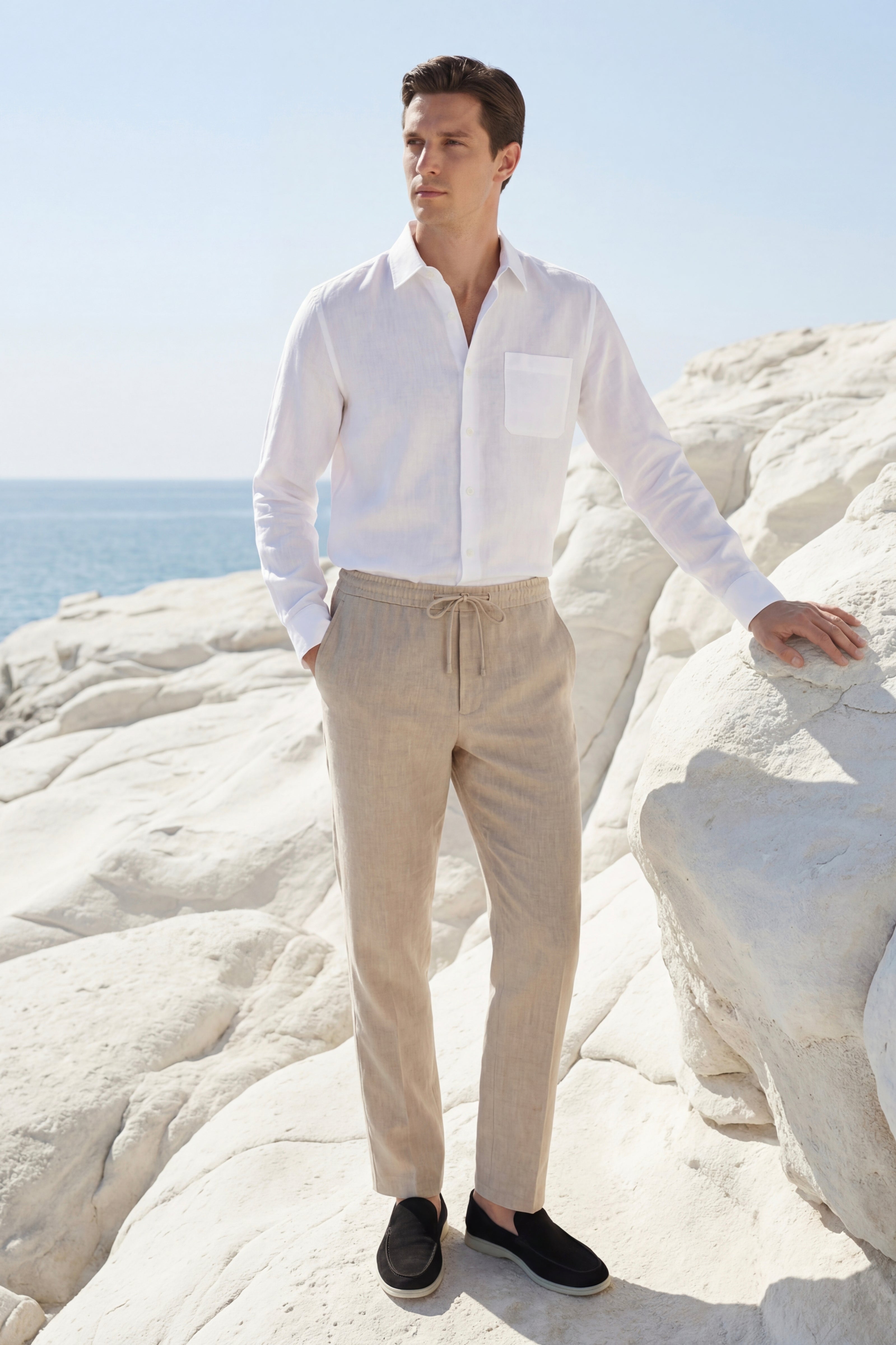 Ensemble ATALEYA Pisa en lin blanc et beige porté