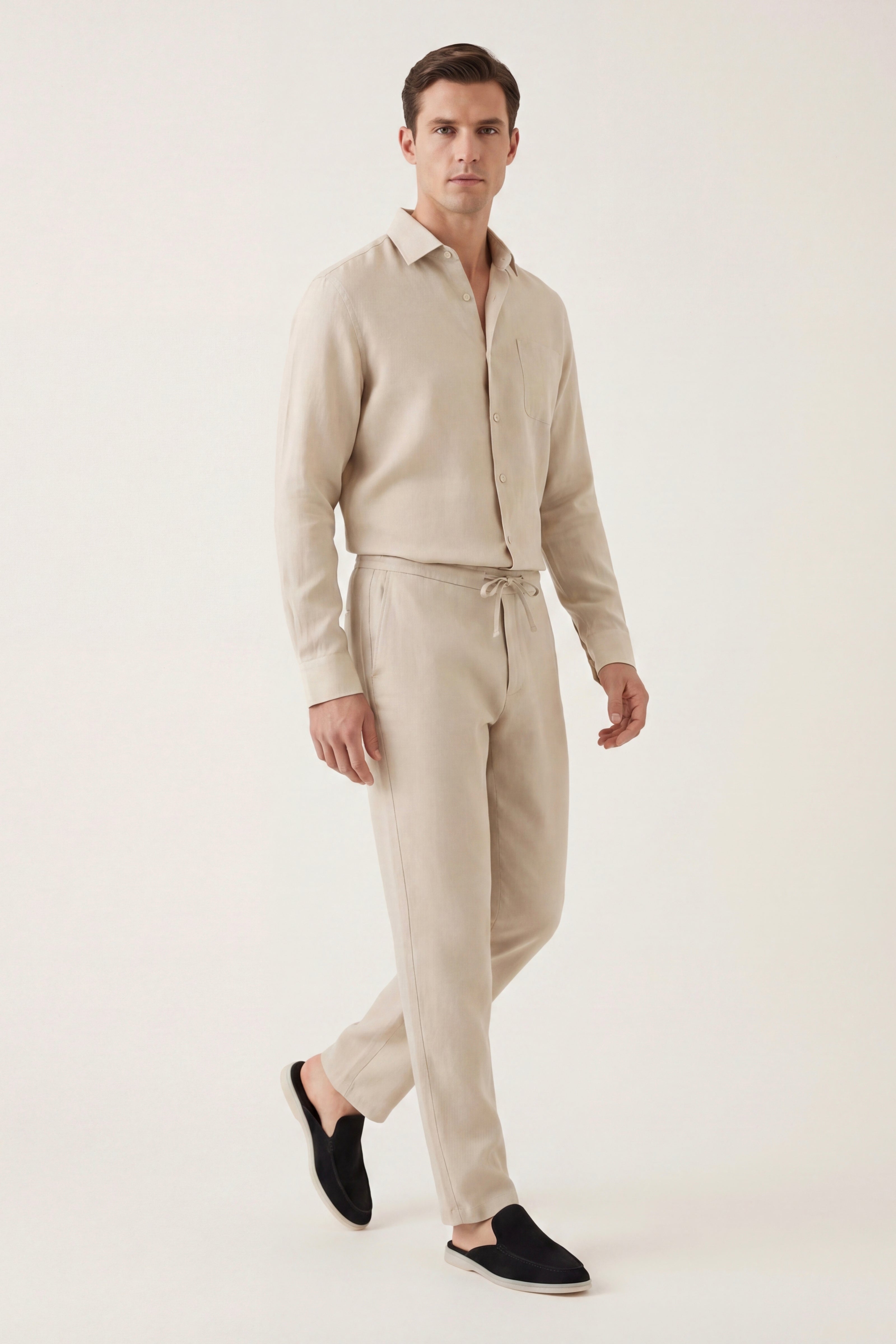 Ensemble ATALEYA Bellagio en lin beige, chemise et pantalon