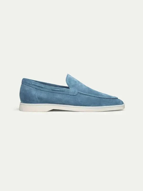 Mocassin ATALEYA en daim non doublé bleu océan, vue de trois quarts